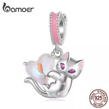 BAMOER Стерлингового Серебра 925 пробы кошка подвеска из бисера сердце подвески для женщин оригинальный браслет ожерелье ювелирные изделия 925 silver