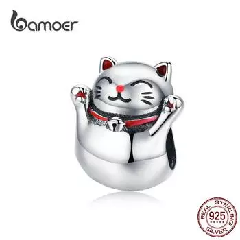 BAMOER стерлингового серебра 925 пробы кошка Шарм Lucky Guardian Maneki Neko металлические бусины для женщин браслеты-подвески DIY ювелирные изделия