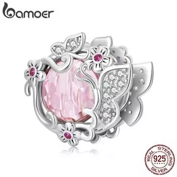 BAMOER Стерлингового Серебра 925 Пробы Красивая Бабочка Розовый Циркон Бусины Подвески Подходит Серебряный Браслет Изящные Ювелирные Изделия Подарок На Вечеринку 925 silver