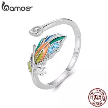 BAMOER стерлингового серебра 925 пробы красочная эмаль перо павлина открывающееся кольцо с кубическим цирконием регулируемое кольцо для женщин ювелирные изделия 925 silver серебряный