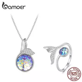 BAMOER стерлингового серебра 925 пробы красочные Русалка рыбий хвост кулон ожерелье и открывающееся кольцо комплект ювелирных изделий для женщин подарок на день рождения 925 silver