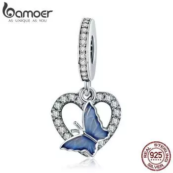 BAMOER стерлингового серебра 925 пробы кристалл бабочка с подвеской в форме сердца подходят для женщин браслеты-подвески DIY SCC818