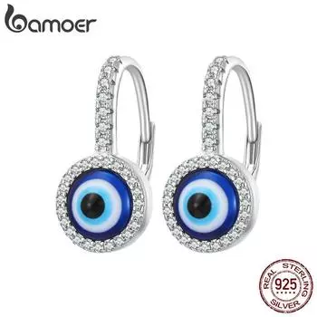 BAMOER стерлингового серебра 925 пробы круглые пряжки для ушей сглаза дьявольский глаз серьги-кольца проложить оправу CZ для женщин изящные ювелирные изделия 925 silver