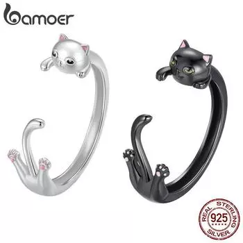 BAMOER стерлингового серебра 925 пробы липкий милый черный кот регулируемое кольцо для женщин ювелирные изделия BSR217 чёрный