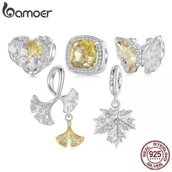 BAMOER Стерлингового Серебра 925 пробы Любовь Гинкго Лист Кулон Гинкго Бабочка Шарм подходит Браслет Ювелирные Изделия DIY Для Женщин Модные Ювелирные Изделия 23*12mm