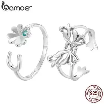 BAMOER Стерлингового Серебра 925 пробы Lucky Четырехлистный Клевер Регулируемое Кольцо Подкова Открытое Кольцо для Женщин Оригинальный Дизайн Изящных Ювелирных Изделий SCR994-E серебряный