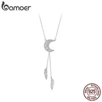BAMOER стерлингового серебра 925 пробы Луна Ловец снов кулон ожерелье перо ожерелье для женщин ювелирные изделия BSN390
