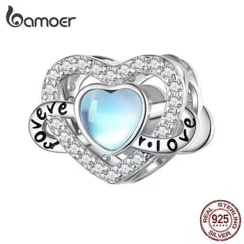 BAMOER стерлингового серебра 925 пробы лунный камень в форме сердца бусины бесконечная любовь подвески для женщин браслет DIY ювелирные украшения 925 silver