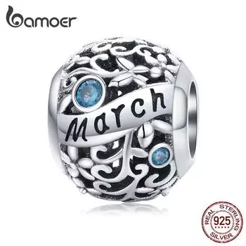 BAMOER стерлингового серебра 925 пробы мартовский камень на день рождения круглые бусины подходят для женщин браслет DIY March