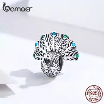 BAMOER Стерлингового Серебра 925 пробы милые 3D металлические бусины в форме павлина Подвеска подходит для оригинального браслета и ожерелья SCC1260