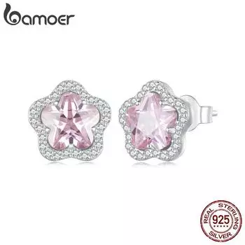 BAMOER стерлингового серебра 925 пробы милые маленькие серьги-гвоздики с цветком розовые серьги вишни для женщин ювелирные изделия на день рождения подарок 925 silver