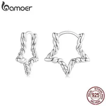 BAMOER стерлингового серебра 925 пробы, милые звезды, пряжки для ушей, витые модные серьги-кольца, гипоаллергенные серьги для женщин, изящные ювелирные изделия 17*2mm