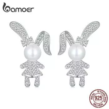 BAMOER стерлингового серебра 925 пробы милый кролик серьги-гвоздики жемчужные серьги с фианитом для женщин подарок на день рождения ювелирные изделия 925 silver