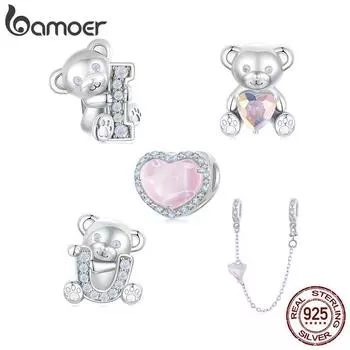 BAMOER стерлингового серебра 925 пробы милый медведь из бисера Подвески в форме сердца защитная цепочка подходит для европейских браслетов DIY аксессуары SCC2715 серебряный