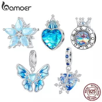 BAMOER Стерлингового Серебра 925 пробы Небесно-Голубой Снежный Цветок Бусины Аквамарин Циркон Снежинка Подвески для Женщин Браслет Изящные Ювелирные Изделия E