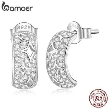 BAMOER стерлингового серебра 925 пробы, нежные серьги-гвоздики со звездами для женщин, блестящие циркониевые женские серьги, ювелирные изделия, свадебный подарок 925 silver