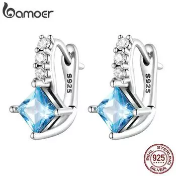BAMOER стерлингового серебра 925 пробы, нежный синий цирконий, зажим для ушей для женщин, изысканные серьги, свадебные украшения, подарок на помолвку