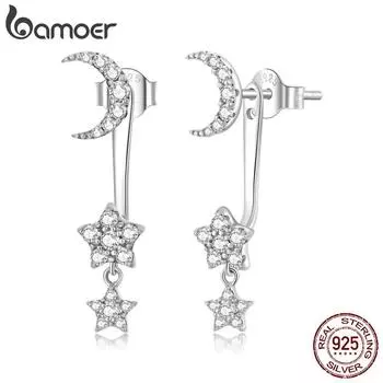 BAMOER, стерлингового серебра 925 пробы, новые модные висячие серьги с блестящей звездой для женщин, серьги-гвоздики с луной, корейские ювелирные изделия, подарок 925 silver