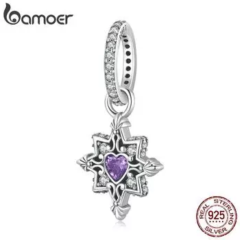 BAMOER стерлингового серебра 925 пробы ослепительная любовь звездообразования фиолетовый камень кулон подходит серебряный браслет и ожерелье ювелирные изделия