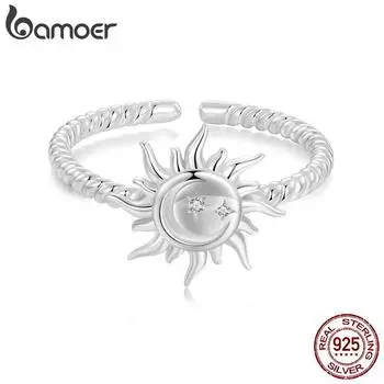 BAMOER 925 стерлингового серебра Солнце и Луна Открытое кольцо Звезды Регулируемое кольцо для женщин Заявление кольцо Изящные ювелирные изделия Подарок SCR1038-E