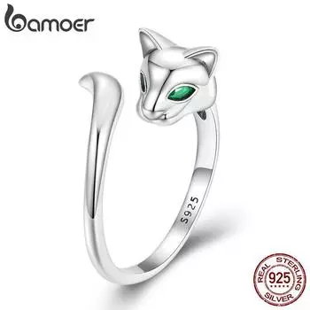 BAMOER Стерлингового Серебра 925 пробы, открытое кольцо с лисой, зеленый циркон, лисьий хвост, регулируемое кольцо для женщин, подарок на день рождения, простые ювелирные изделия