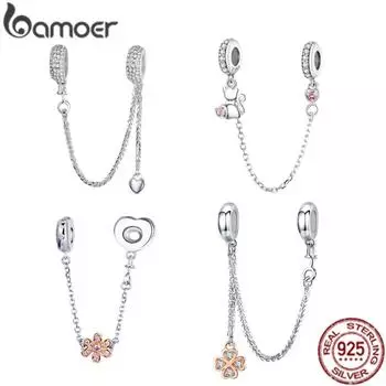 BAMOER стерлингового серебра 925 пробы Pave Inspiration Star Safety Chain Clear CZ Stopper Charms Fit Bracelet