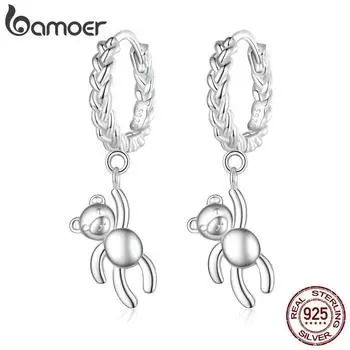 BAMOER, стерлингового серебра 925 пробы, плетеная текстура, витые пряжки для ушей, серебряные серьги-капли с медведем для женщин, рождественский подарок, ювелирные изделия 925 silver