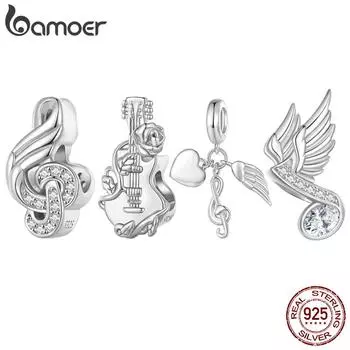 BAMOER стерлингового серебра 925 пробы, подвеска для гитары, винтажная подвеска с музыкальной нотой, с платиновым покрытием, подходит для женщин, браслет, ожерелье, ювелирные изделия B