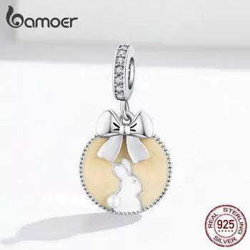 BAMOER Стерлингового Серебра 925 пробы, подвески в виде кролика с бантиком, милые бусины в виде кролика, подходят к оригинальному браслету-подвеске 925 silver