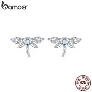 BAMOER стерлингового серебра 925 пробы полые серьги-гвоздики со стрекозой, серьги-гвоздики с синим цирконием и насекомыми для женщин и девочек, изысканные ювелирные изделия, подарок