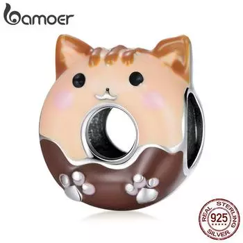 BAMOER Стерлингового Серебра 925 пробы прекрасный красочный эмаль мини-пончик и подвеска с изображением кота для оригинального браслета женские ювелирные украшения 925 silver