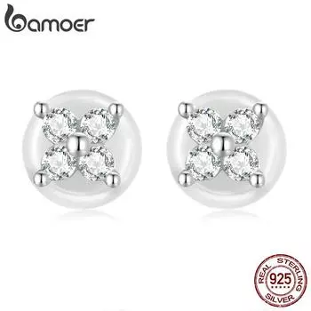 BAMOER стерлингового серебра 925 пробы простые четыре листа цветок серьги-гвоздики для женщин кубический цирконий геометрические серьги ювелирные изделия подарок
