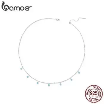 BAMOER стерлингового серебра 925 пробы простые колье-цепочка на ключицы бирюзовый бисер ожерелье для женщин ювелирные изделия подарок BSN388