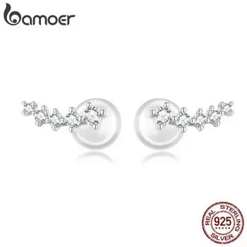BAMOER стерлингового серебра 925 пробы простые рядные серьги-гвоздики для женщин кубический цирконий геометрические серьги ювелирные изделия подарок