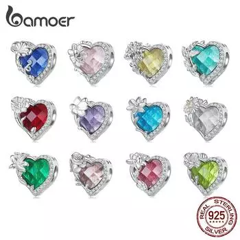 BAMOER, стерлингового серебра 925 пробы, разноцветные циркониевые бусины в форме сердца, бусины с цветком ромашки, подвески для женщин, подарок на день рождения 5