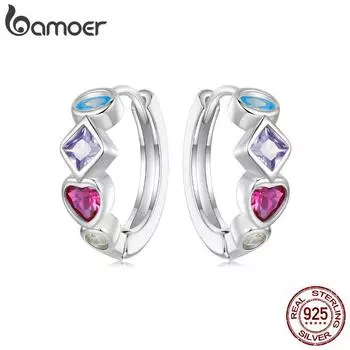 BAMOER стерлингового серебра 925 пробы, разноцветные цирконы, пряжки для ушей, серьги-кольца в форме сердца, гипоаллергенные серьги для женщин, подарки 13*4mm