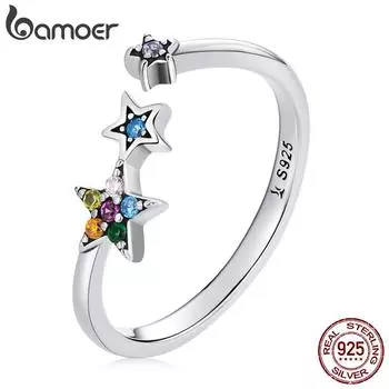 BAMOER стерлингового серебра 925 пробы Регулируемые Радужные красочные звезды любовь сердце роза открытые кольца для женщин женские оригинальные ювелирные изделия 925 silver