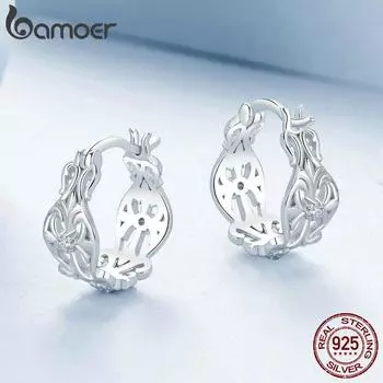 BAMOER Стерлингового Серебра 925 пробы Ретро Дворцовый Узор Серьги-кольца Нежные Винтажные Серьги Для Женщин Изящные Ювелирные Изделия Вечерние 14*6mm