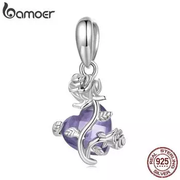 BAMOER Стерлингового Серебра 925 пробы Романтический Фиолетовый Циркон Роза Подвески Подвеска подходит DIY Изготовление Браслета и Браслета Изящных Ювелирных Изделий 925 silver
