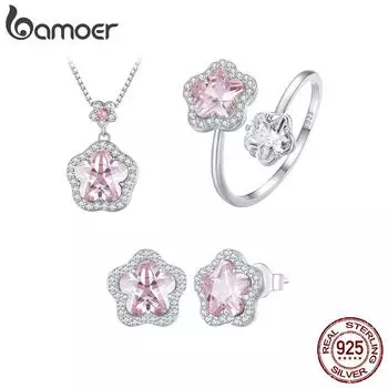 BAMOER Стерлингового Серебра 925 пробы Романтический Розовый Цветок Ожерелье Кольцо Серьги Комплект Ювелирных Изделий для Женщин Подарок На Годовщину Изящных Ювелирных Изделий