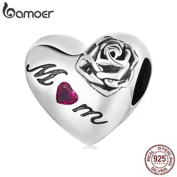BAMOER Стерлингового Серебра 925 пробы Роза Любовь и Надпись Мама Сердце Шарм Бусины подходят для оригинального браслета 3 мм 925 silver