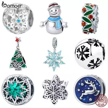 BAMOER стерлингового серебра 925 пробы рождественские подвески снежинки Снеговик Рождественская елка бусины подходят для браслета