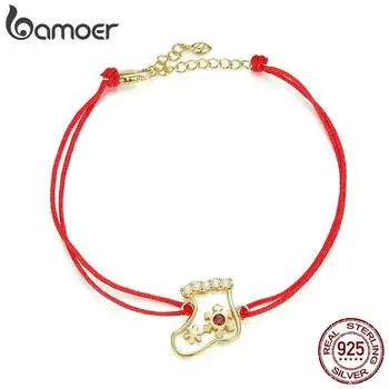 BAMOER стерлингового серебра 925 пробы Рождественский чулок красный браслет из веревки для женщин ювелирные изделия 925 silver