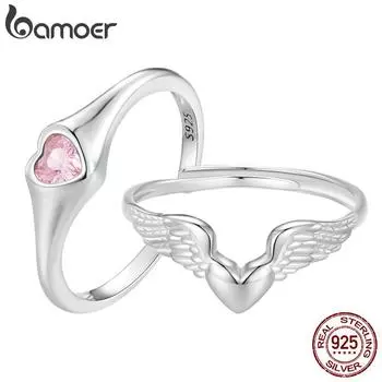 BAMOER стерлингового серебра 925 пробы розовое штабелируемое кольцо в форме сердца с регулируемыми крыльями, ювелирные изделия для женщин, вечерние B
