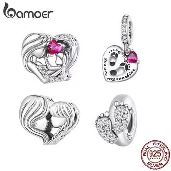 BAMOER, стерлингового серебра 925 пробы, розовый циркон, подвеска для матери и ребенка, подвеска из бисера для женщин, браслет, сделай сам, подарок на день матери D