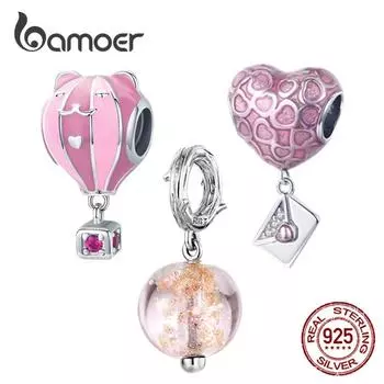 BAMOER Стерлингового Серебра 925 пробы Розовый Животный Горячий Шарик из Муранского Шарма Подвеска Подходит Оригинальный Браслет B