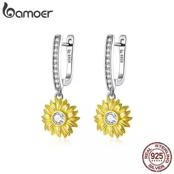 BAMOER стерлингового серебра 925 пробы с блестящими цирконами, гипоаллергенные серьги, женские серьги с пряжками в форме подсолнуха серебряный