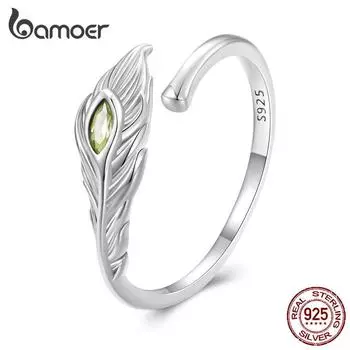 BAMOER Стерлингового Серебра 925 пробы с павлиньим пером, кольцо с цирконом, регулируемое кольцо для женщин, вечерние ювелирные изделия, подарок 925 silver