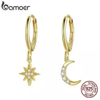 BAMOER стерлингового серебра 925 пробы с позолотой 1 пара блестящих циркониевых асимметричных сережек со звездами и луной с пряжкой для женщин изящные ювелирные изделия 925 silver