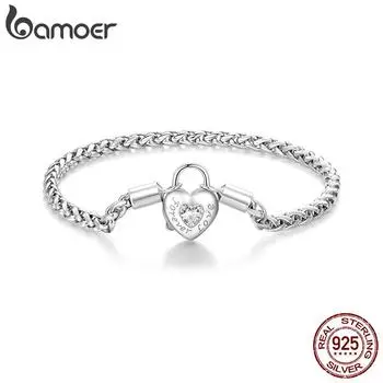 BAMOER Стерлингового Серебра 925 пробы с пряжкой в форме сердца, базовый браслет с платиновым покрытием, ювелирные изделия, подарок для женщин, подвески «сделай сам» 17
